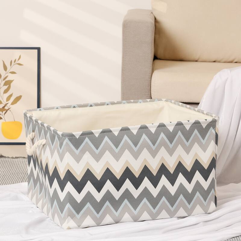 Fabric Collapsible Storage Basket Bin w Handle and Drawstring Closure - Blue