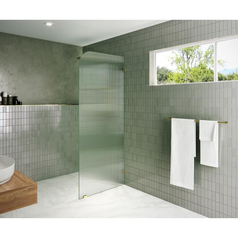 Glass Warehouse 30" x 78" Frameless Shower Door - Single Fixed Panel Fluted Frosted Radius - 30 Inch - Right - Polished Brass