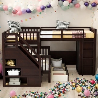 Modern Twin-Twin over Full L-Shaped Bunk Bed With 3 Drawers,Portable Desk and Wardrobe