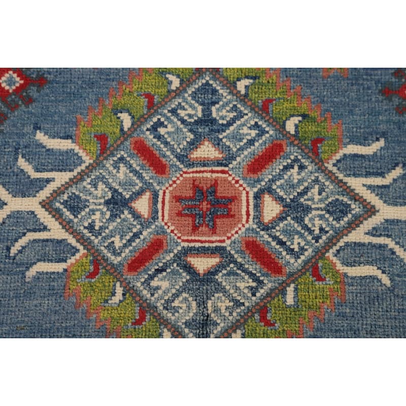 Blue Geometric Kazak Oriental Area Rug Handmade Oriental Wool Carpet - 4'11" x 6'9"