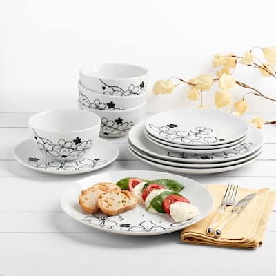 Tabletops Gallery Margo 12 Piece Porcelain Dinnerware Set in White with Black Floral Pattern