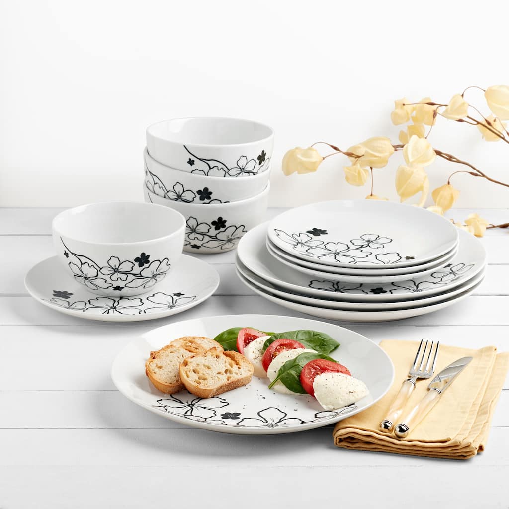 Tabletops Gallery Margo 12 Piece Porcelain Dinnerware Set in White with Black Floral Pattern