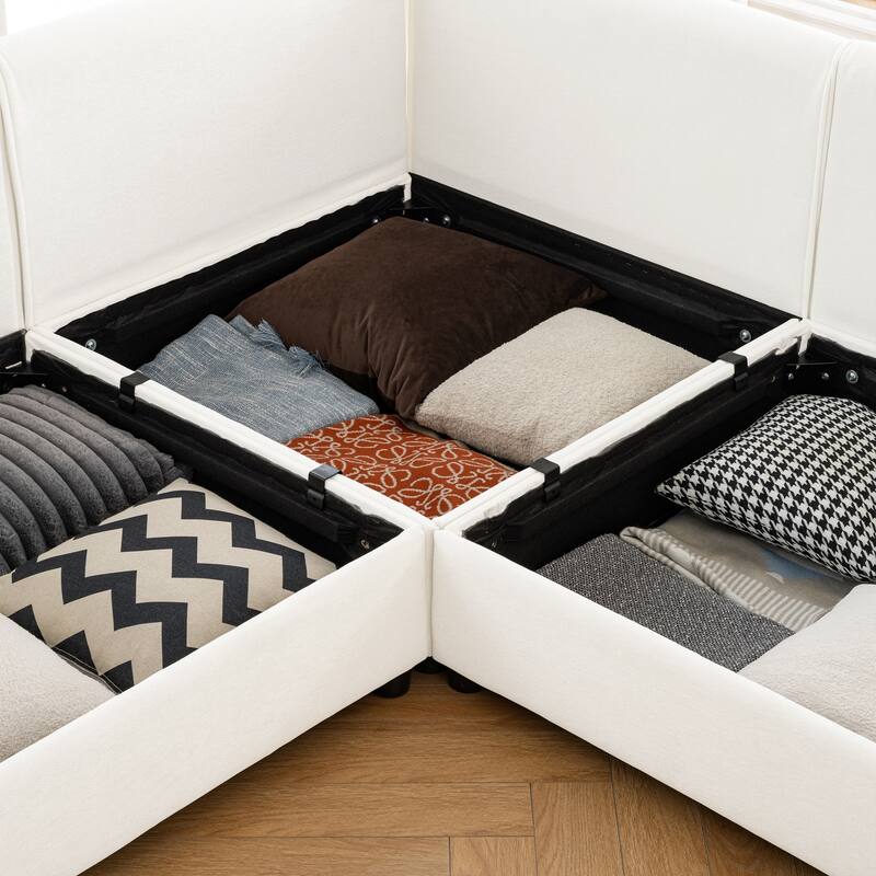 142.5" Chenille L-Shaped Sectional Sofa with Storage & Round Back