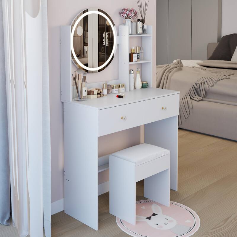 Round LED Mirror Vanity Table, Dressing Set with Cushioned Stool, Makeup Cabinet with Touch Mirror & Multi-layer Storage