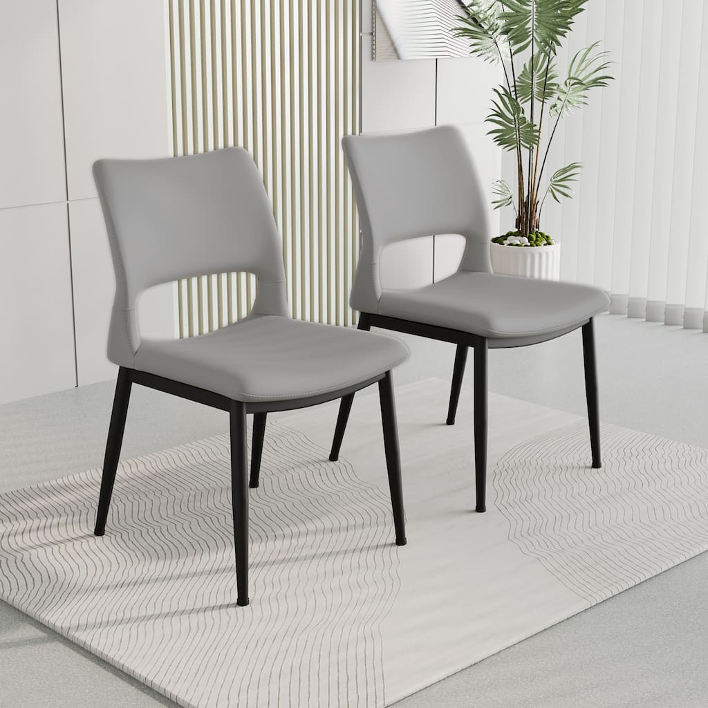 Modern minimalist grey PU leather Dining Chairs Set of 2, comfortable backrest design, metal leg support