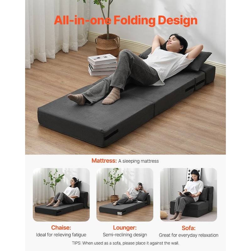 Dark Grey Single Foam Fabric Foldable Sofa Bed with Pillows and Washable Cover - 73.23” L x 28.74” W x 5.91” H