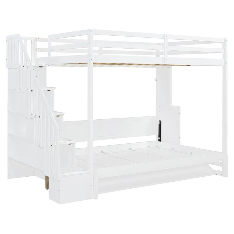 Full Over Full Versatile Wooden Murphy Bed with Storage Staircases & Desk, Space-Saving Foldable Wall Bed with Hydraulic Lift