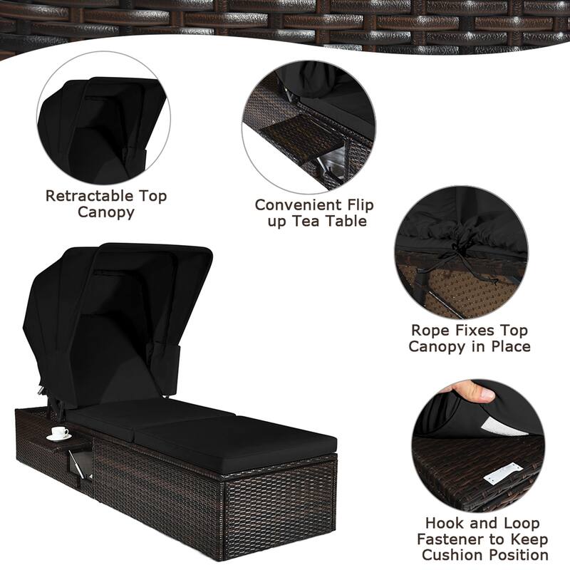 Gymax Set of 2 Rattan Patio Chaise Lounge Chair W/ Adjustable Canopy