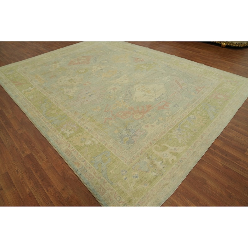 Handmade Wool Oushak Turkish Area Rug, Floral Geometric Carpet - 12' 1'' X 9' 0''