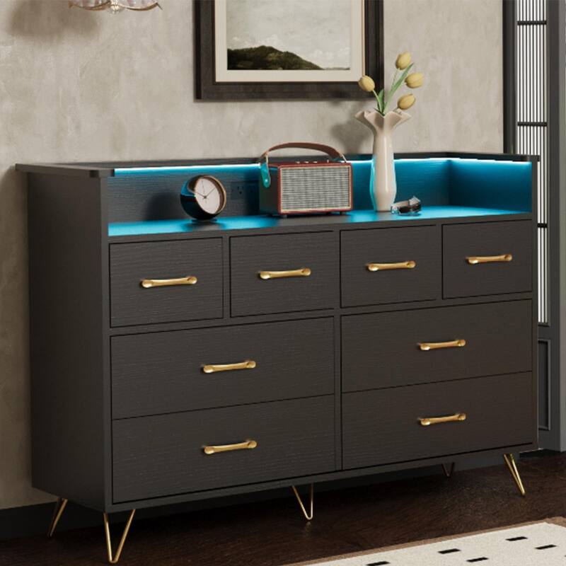 8 Drawer Dresser for Bedroom with LED Light, Charging Station & Open Shelf