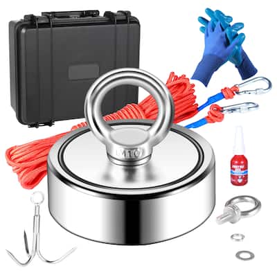 Magnet Fishing Kit Grappling Hook, Waterproof Case, Gloves, Threadlocker, Eye Bolt - 1200lbs 2.95inch
