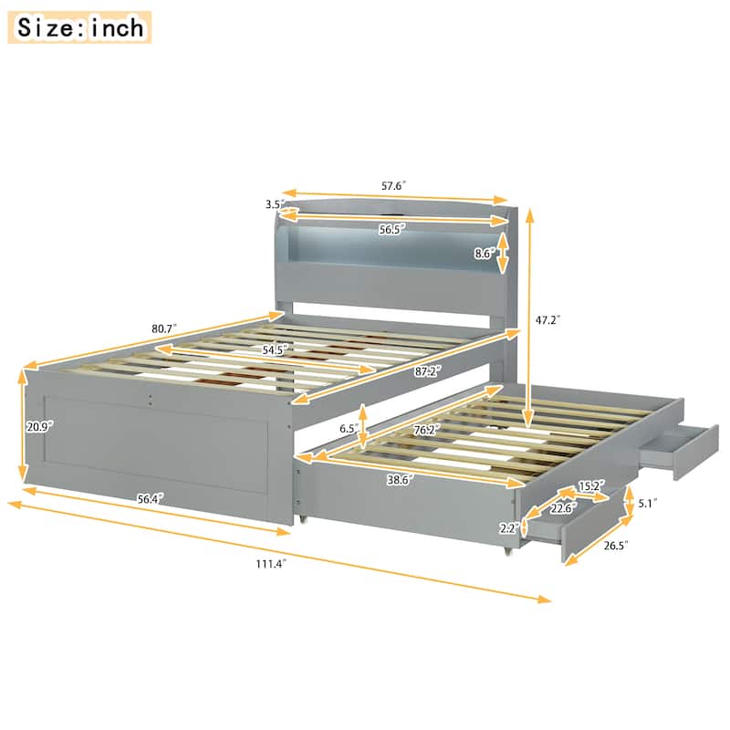 Full XL/Twin XL Platform Bed with Storage LED Headboard, Charging Station, Twin Size Trundle and 2 Drawers