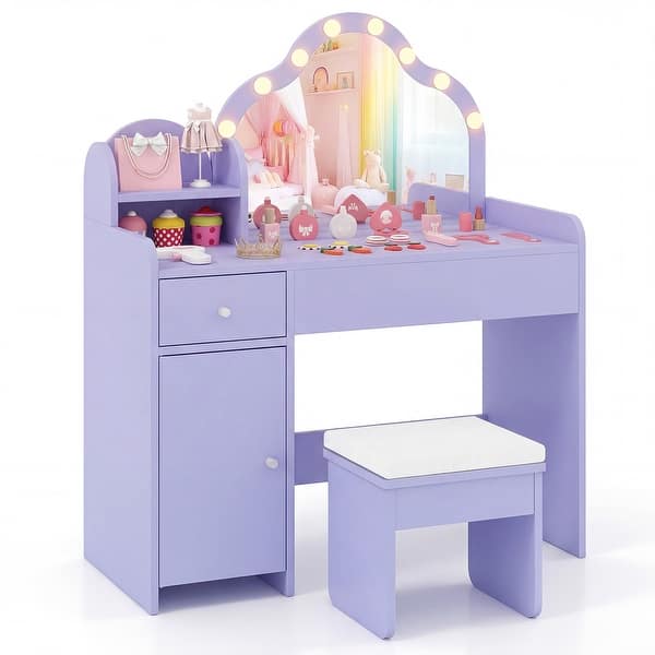 slide 2 of 10, Gymax Kids Vanity Set Princess Pretend Play Makeup Desk w/ Cute Purple