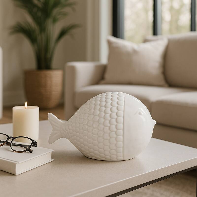 Ceramic Figurine Scaled Fish Sculpture Textured Accent - 6" White - 10" x 6" x 6"