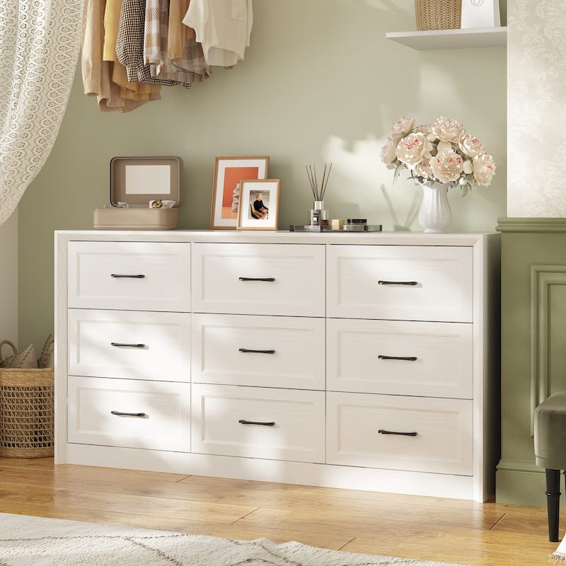9 Drawers Dresser Large Capacity 62.2" W Sturdy Triple Chest White Brown