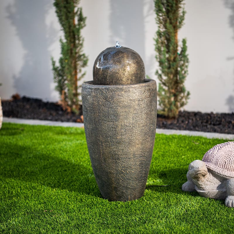 XBrand 25.98"H Modern Round Stone Textured Sphere Water Fountain w/LED Lights, For Indoor/Outdoor, Ball Water Fountain