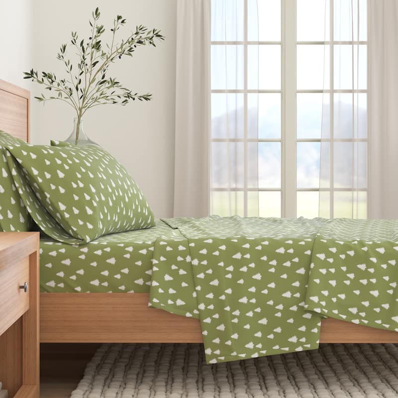 Linery & Co. Winter Turkish Cotton Double-Brushed Flannel Bed Sheet Set - King - Little Trees - Olive