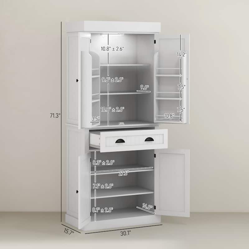 Tall Kitchen Pantry Cabinet with Adjustable LED Light and Drawer Shelves for Organized Storage - 30.1" W x 15.7" D x 71.3" H