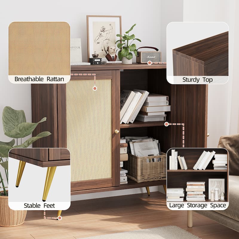 Farmhouse Rattan Storage Cabinet, Natural Buffet Sideboard - N/A
