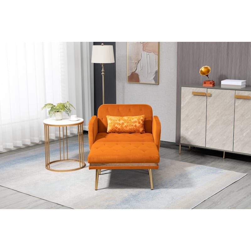 Velvet Upholstered Tufted Living Room Sleeper Chair With Ottoman - Orange