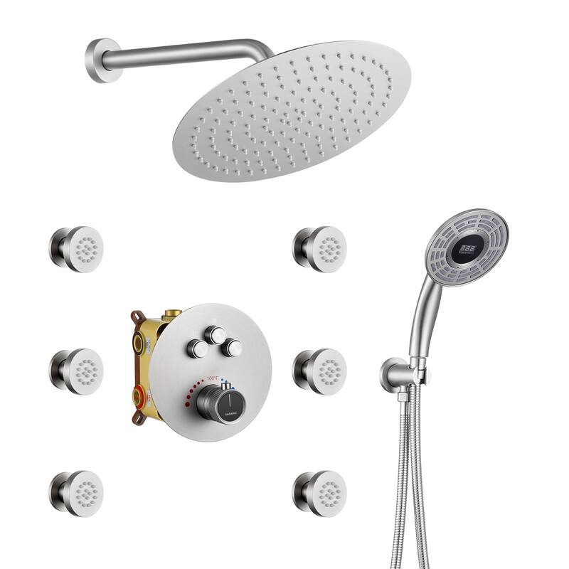 CASAINC Thermostatic Shower Faucet Shower System with 6 Body Jet - Brushed Nickel