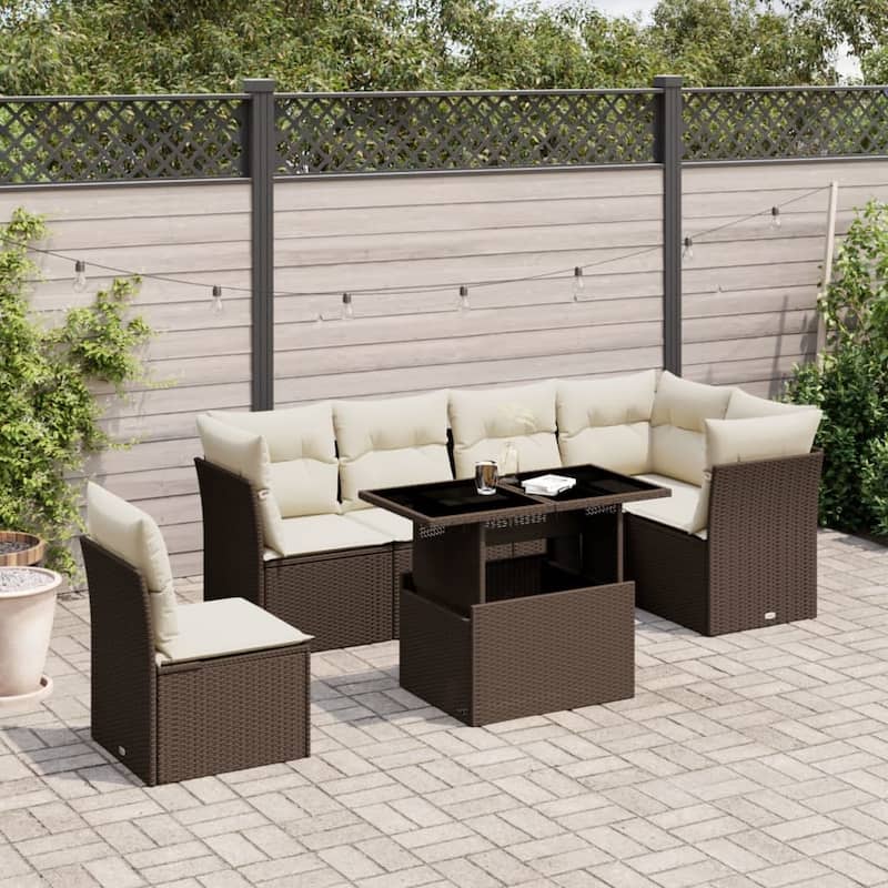 7-Piece Outdoor Sofa Set with Cushions - Brown and cream - 21.7 x 39.4 x 28.7 in