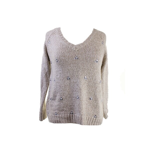 Kensie Oatmeal Long-Sleeve V-Neck Embellished Sweater S