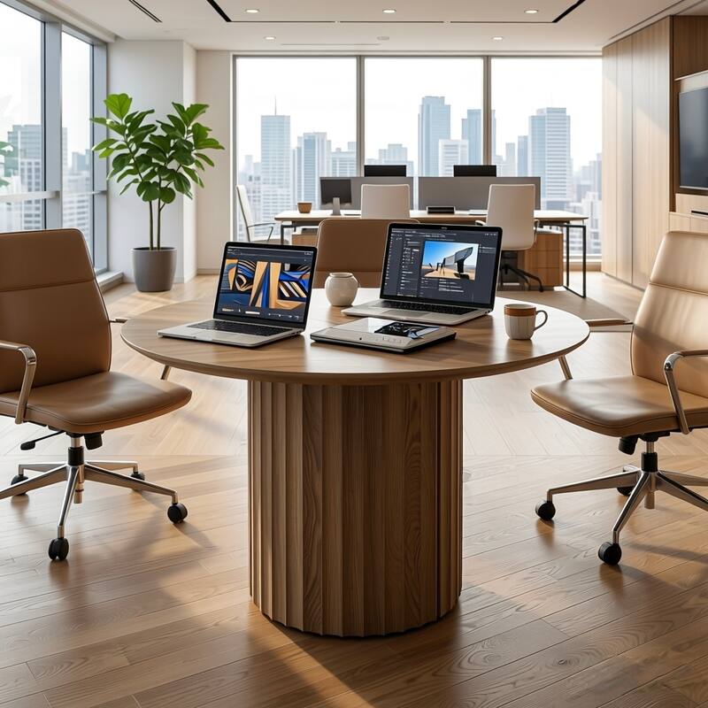 47 Inch Round Conference Table, Modern Round Office Table with Sturdy Base - Brown