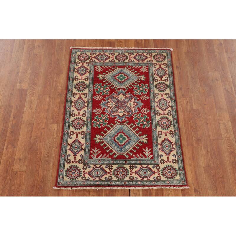 Geometric Red Kazak Accent Rug Hand-Knotted Bedroom Wool Carpet - 2'9" x 3'10"
