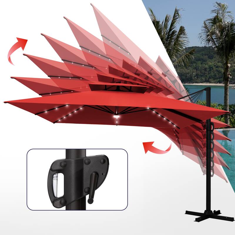 VredHom 11X11 FT Outdoor Square Cantilever Patio Umbrella Aluminum Solar LED Light with HDPE Base