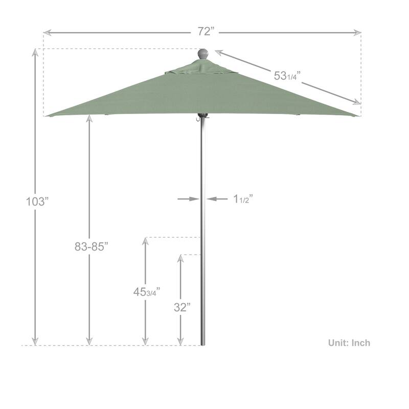 California Umbrella 6' Sq. Aluminum Frame, Fiberglass Rib Patio Umbrella, Push Open, Anodized Sliver Finish, Sunbrella Fabric