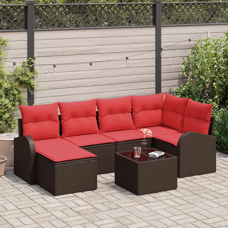 vidaXL 6/7 Garden Sofa Set with Cushions Black/Brown/Grey Poly Rattan - 92.1 x 48.8 x 27.2 - Brown with table