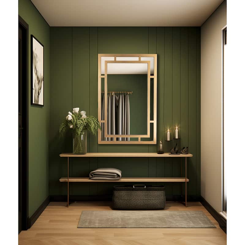 Glass Wall Mirror with Geometric Art Deco Wood Frame - 26.0"L x 1.1"W x 40.0"H