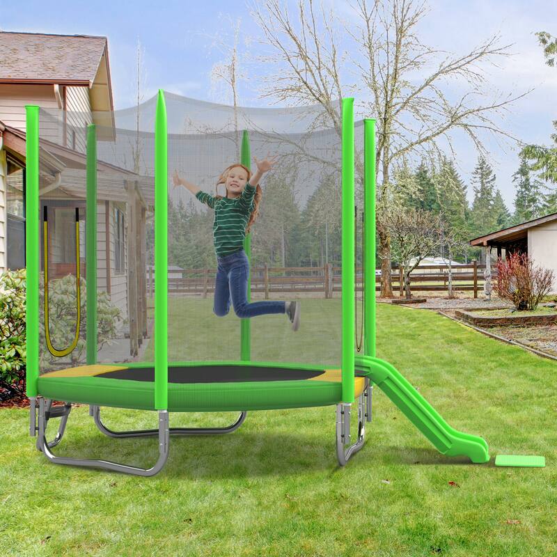 7FT Trampoline for Kids with Safety Enclosure Net, Slide and Ladder, Regular Hexagon Outdoor Recreational Trampoline - Green