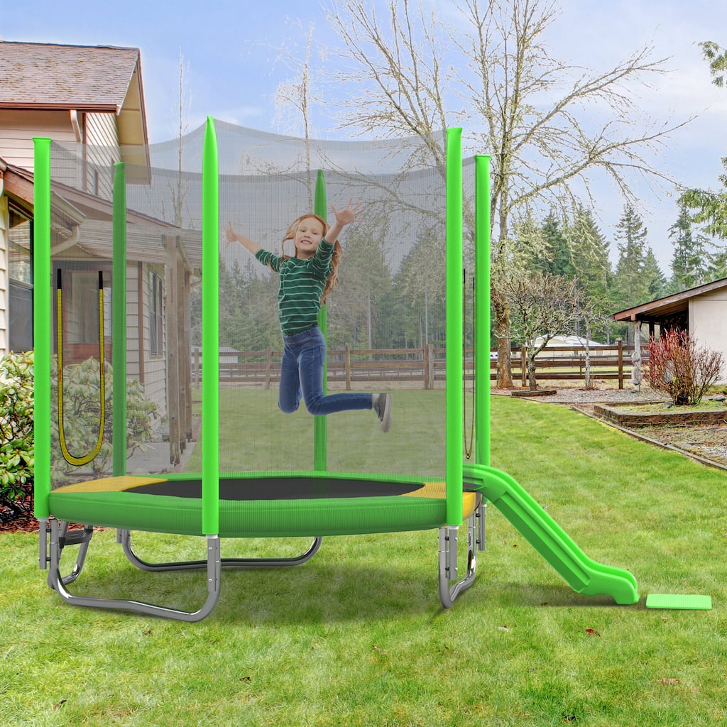7FT Trampoline for Kids with Safety Enclosure Net, Slide and Ladder, Regular Hexagon Outdoor Recreational Trampoline