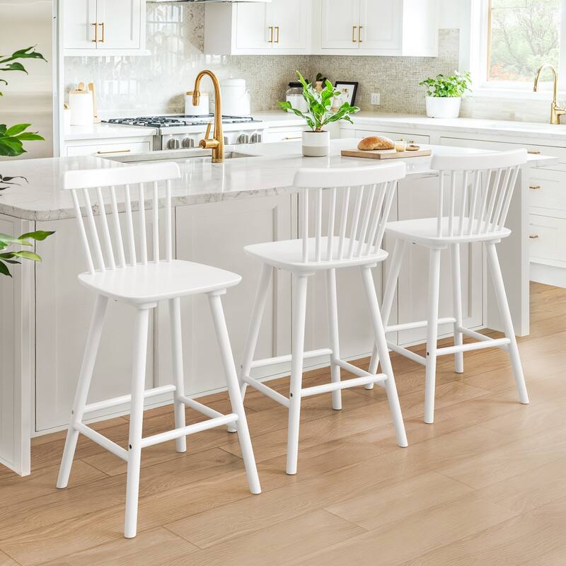 26 in. Modern Wooden Bar Stools with Slat Back Windsor-Style Solid Wood Counter Stools - 17.7 in. W x 17.7 in. D x 38.5 in. H