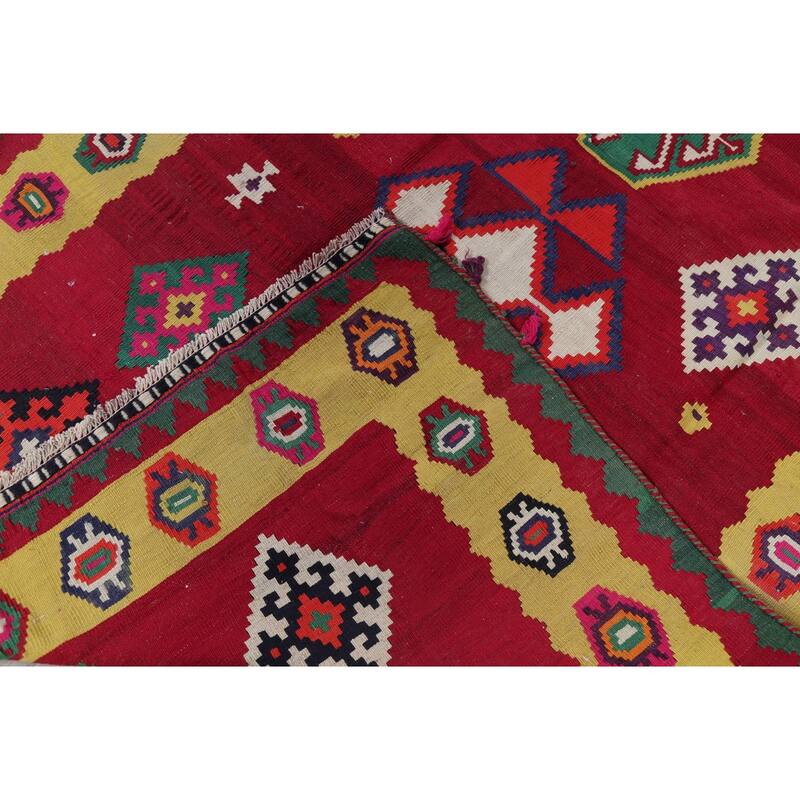 Hand Woven Oriental 100% Wool Carpet Southwestern Geometric Red Kilim Runner Rug - 8' 7'' X 4' 5''