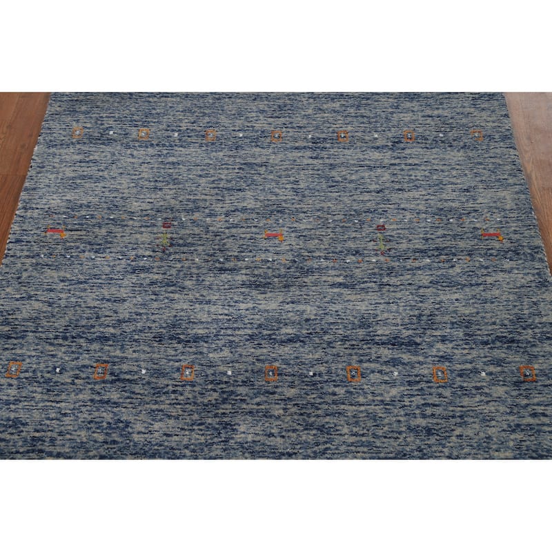 Blue Tribal Gabbeh Indian Rug Hand-Knotted Modern Wool Carpet - 4'0" x 5'10"