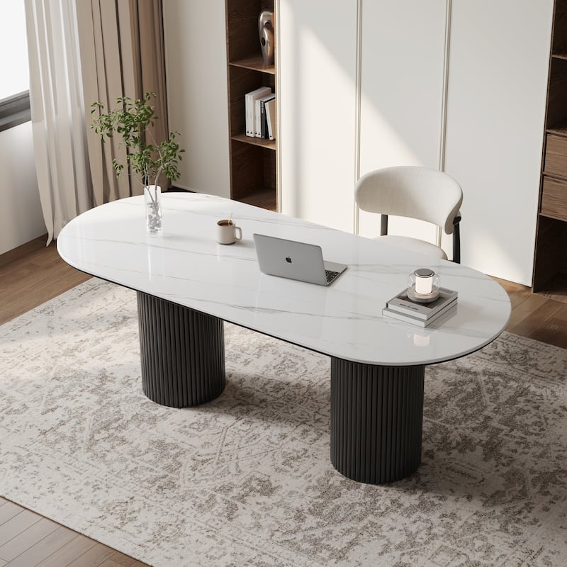 71" Modern Oval Writing Desk,Glossy White Office Table,with Double Solid Wood Legs, 3 Colors Optional