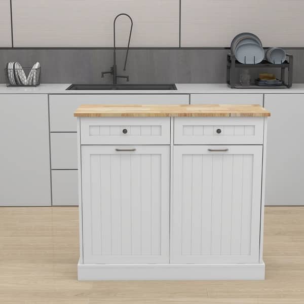 slide 2 of 6, White Kitchen Trash Cabinet with 2 Drawers and 2 Compartment Tilt-Out