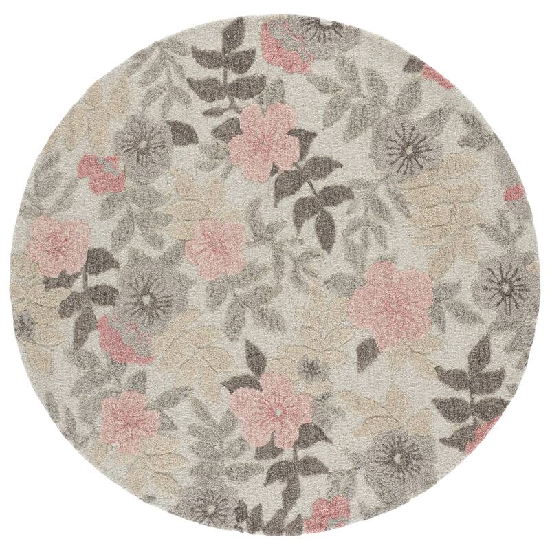 SAFAVIEH Handmade Jardin Prescilla Floral Wool Rug - 6' Round - Grey/Pink