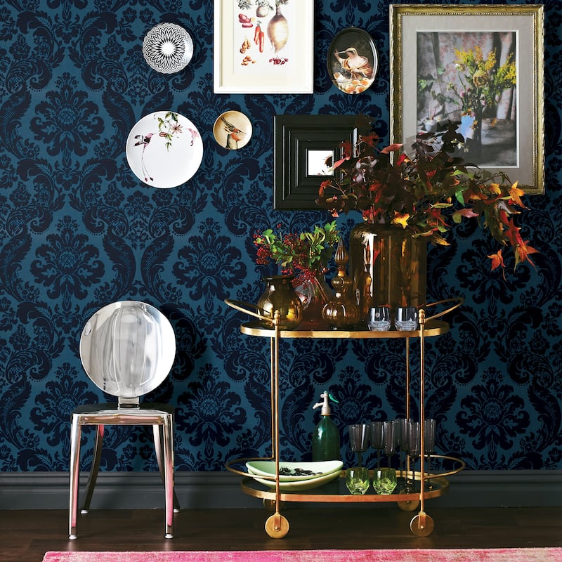 A-Street Prints Shadow Blue Flocked Damask Wallpaper