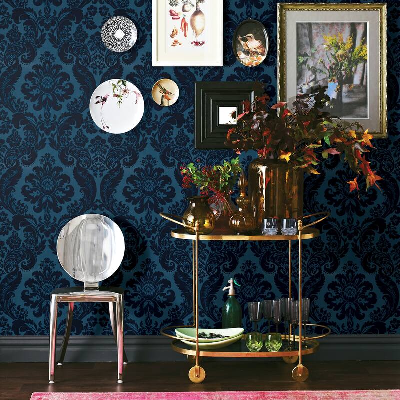 Isleton, Shadow Flocked Damask, 33 FT. L x 20.5In. W Wallpaper Roll - Blue