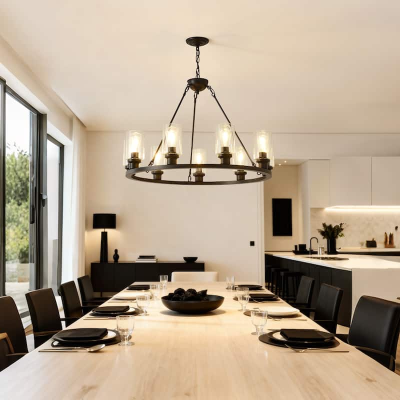 9-Light Black Wagon Wheel Chandelier With Light (No Bulbs) For Living Room Dining Room Kitchen--E26 - Black