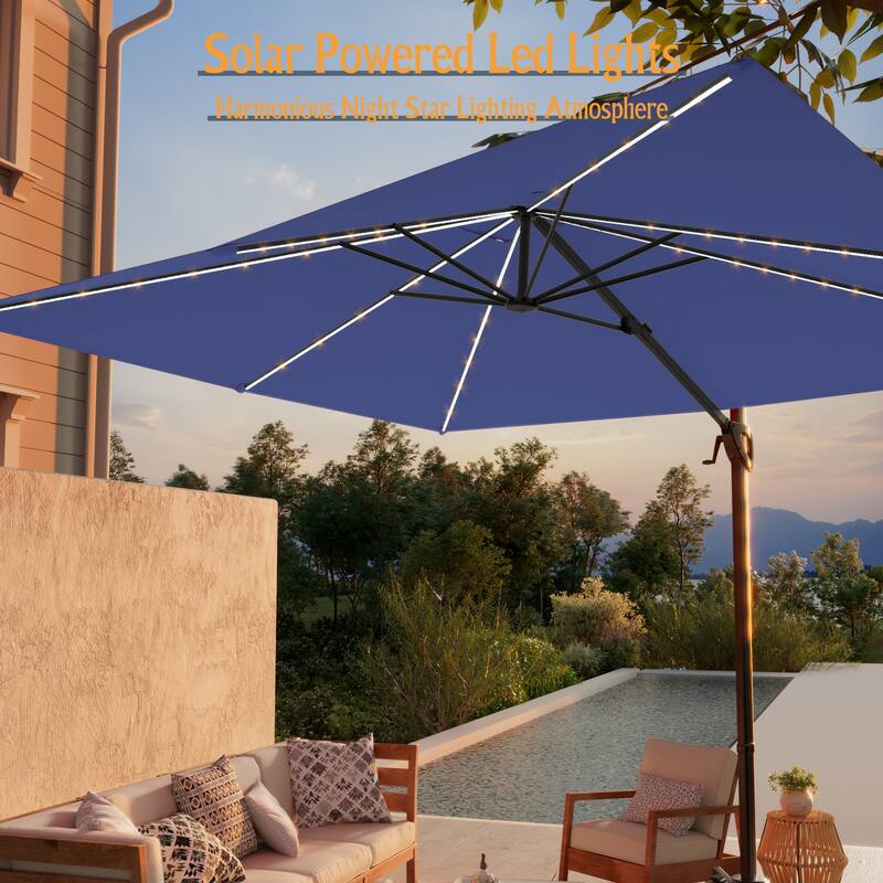 LIVOOSUN 10x8ft LED Rectangle Cantilever Umbrella Patio Offset Umbrella For Outdoor Space, Solution-Dyed Fabric, 360° Rotation