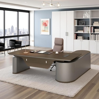 Reversible L-Shaped Adjustable Height Executive Standing Desk with Oval Storage Cabinet