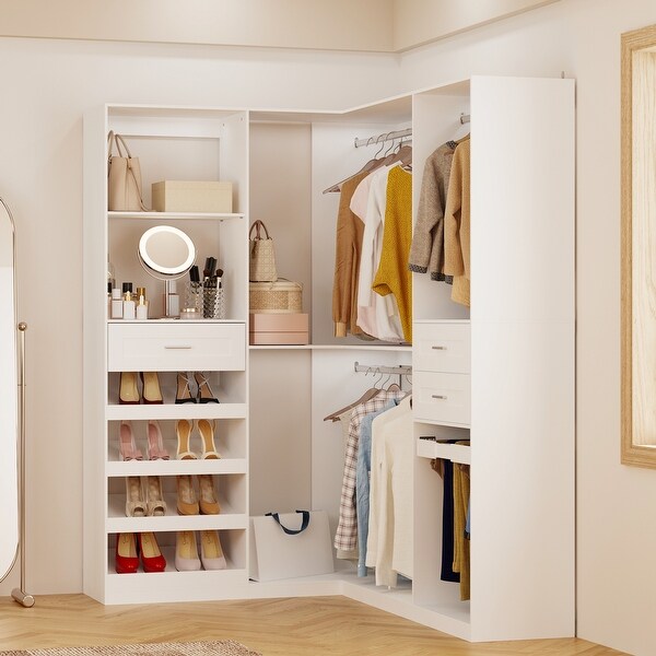 L-Shaped White Wardrobe System with Pants Rack and Shoe Shelves