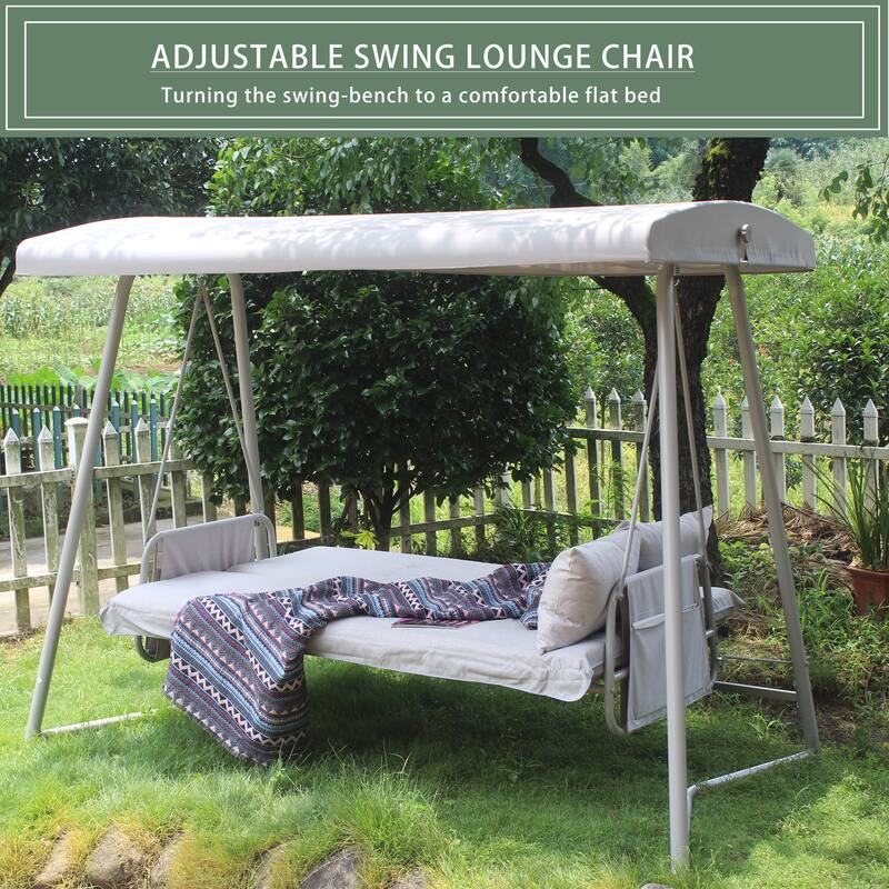 Metal Frame Swing Chair Convert Swing Bed with Adjustable Canopy Outdoor Patio Hanging Chair Hammock Chairs, 3-Seater