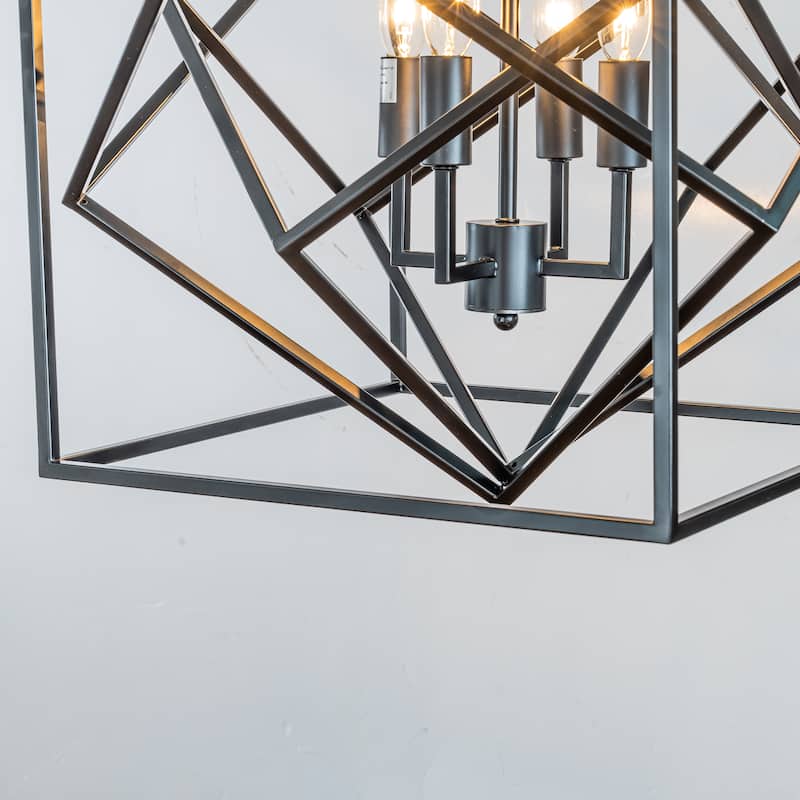 4- Light Matte Black Geometric Chandelier Modern Lighting Fixture Metal Caged Industrial Pendant - W22"