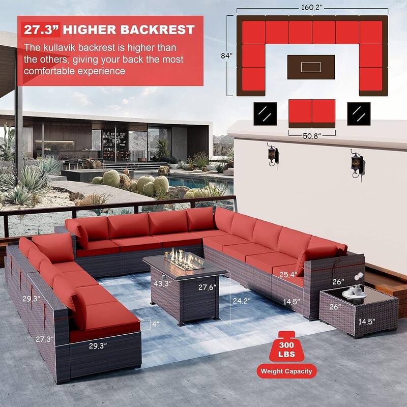 Kullavik 15 Pieces Outdoor Patio Furniture Set with Fire Pit Table